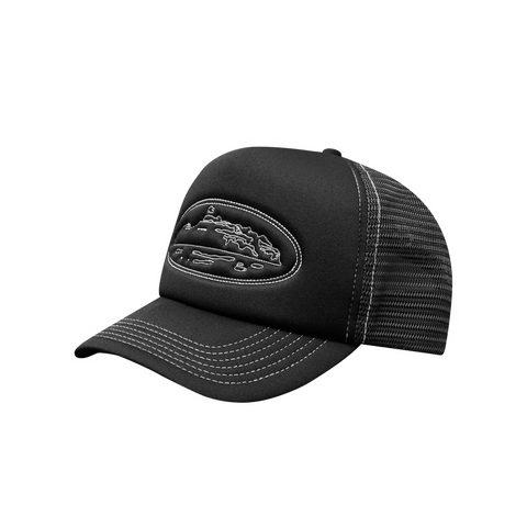 Corteiz Island Puff Print Trucker Hat Black Outline