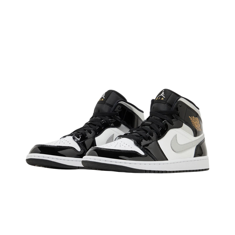 Jordan 1 Mid SE Patent Black White Metallic Silver Metallic Gold